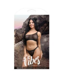 Fantasy Lingerie Vibes Bad Bitch One-shoulder Bling Bralette & Bikini Panty With Rhinestone Letterin