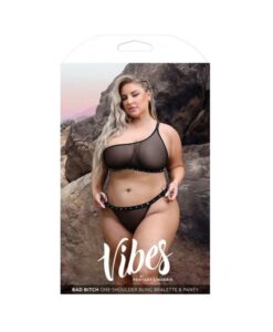 Fantasy Lingerie Vibes Bad Bitch One-shoulder Bling Bralette & Bikini Panty With Rhinestone Letterin