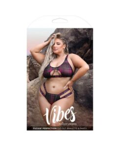 Fantasy Lingerie Vibes Fuckin' Perfection Plaid Mesh Cut Out Bralette & Panty Black Queen Size