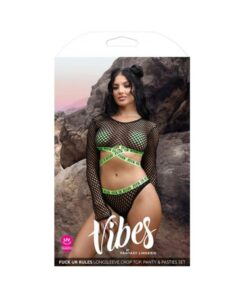 Fantasy Lingerie Vibes Fuck Ur Rules Long Sleeve Fishnet Top & Panty With Uv Reactive Elastic And 1