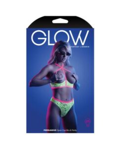 Fantasy Lingerie Glow Persuasive Contrast Elastic Open Cup Lace Cage Bra & Panty Neon Green S/m