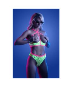 Fantasy Lingerie Glow Persuasive Contrast Elastic Open Cup Lace Cage Bra & Panty Neon Green L/xl