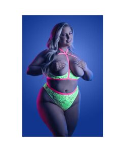 Fantasy Lingerie Glow Persuasive Contrast Elastic Open Cup Lace Cage Bra & Panty Neon Green Queen Si