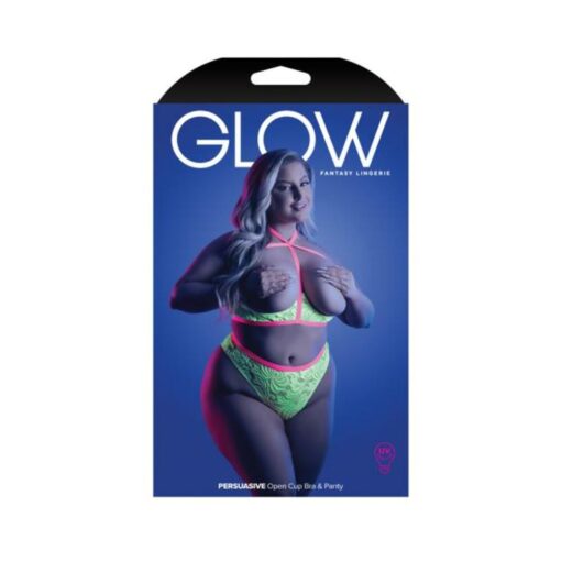 Fantasy Lingerie Glow Persuasive Contrast Elastic Open Cup Lace Cage Bra & Panty Neon Green Queen Si - Image 3