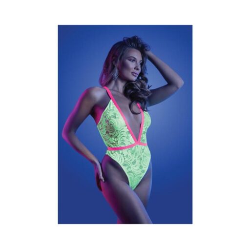 Fantasy Lingerie Glow Spotlight Contrast Elastic Lace Teddy With Snap Closure Neon Green S/m