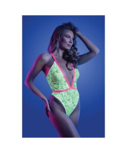 Fantasy Lingerie Glow Spotlight Contrast Elastic Lace Teddy With Snap Closure Neon Green M/l