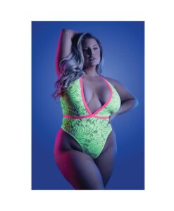 Fantasy Lingerie Glow Spotlight Contrast Elastic Lace Teddy With Snap Closure Neon Green Queen Size