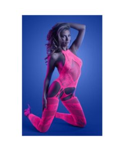 Fantasy Lingerie Glow Captivating High Neck Halter Bodystocking & G-string Set Neon Pink O/s