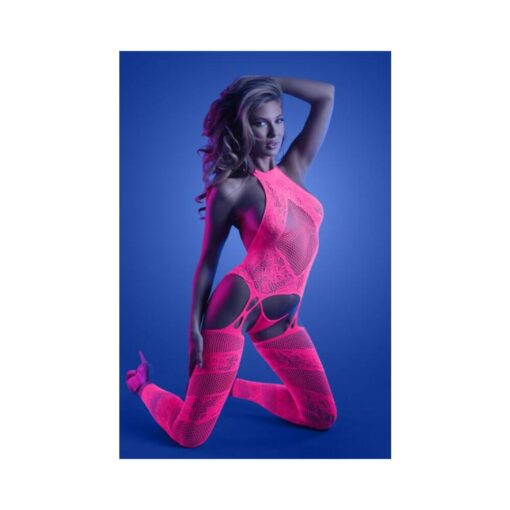 Fantasy Lingerie Glow Captivating High Neck Halter Bodystocking & G-string Set Neon Pink O/s