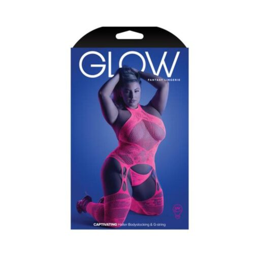 Fantasy Lingerie Glow Captivating High Neck Halter Bodystocking & G-string Set Neon Pink Queen Size - Image 3