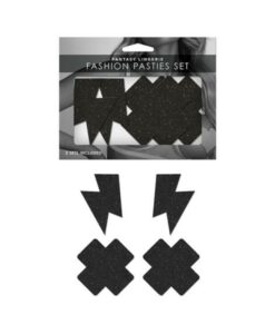 Fantasy Lingerie Black Glitter 2-pair Pasties Set Lightning Bolt & Cross Shapes O/s