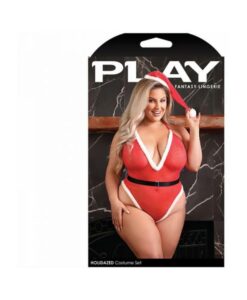 Fantasy Lingerie Play Holidazed Sheer Sparkle Mesh Teddy With Faux Fur Trim, Belt & Santa Hat Red 1x