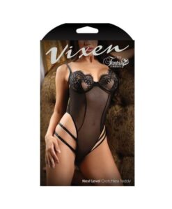 Fantasy Lingerie Vixen Next Level Strappy Crotchless Teddy With Lace Underwire Cups Black O/s