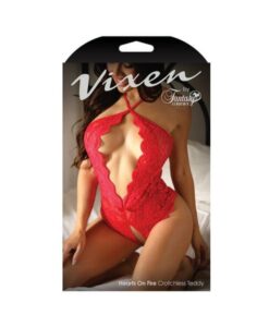 Fantasy Lingerie Vixen Hearts On Fire Crotchless Lace Teddy With Open Pearl Draped Back Red L/xl