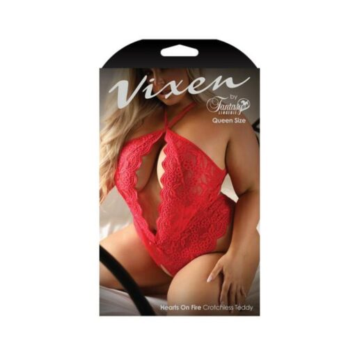 Fantasy Lingerie Vixen Hearts On Fire Crotchless Lace Teddy With Open Pearl Draped Back Red Queen Si - Image 3