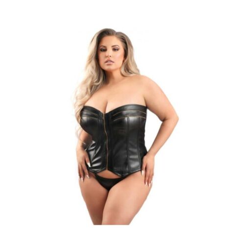 Fantasy Lingerie Faux Leather Corset With Zipper Front And G-string Xl