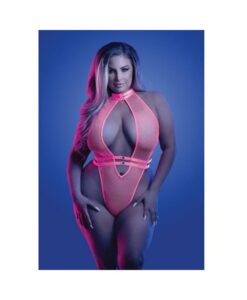 Glow Knockout Fishnet Teddy W/detachable Thong - Neon Pink Qn