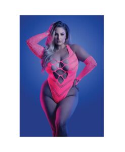 Glow Flashback Black Light Reactive Rhinestone Teddy W/gloves (or Leg Warmers) - Neon Pink Qn