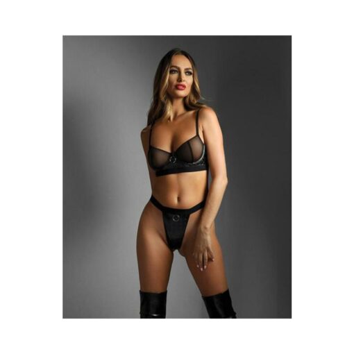 Edge Quilted Wetlook And Mesh Underwire Bra W/ Crotchless Panty - Black L/xl