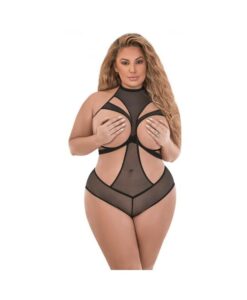 Magic Silk Forever Mesh Cupless & Crotchless Halter Teddy With Split -ack Black Queen
