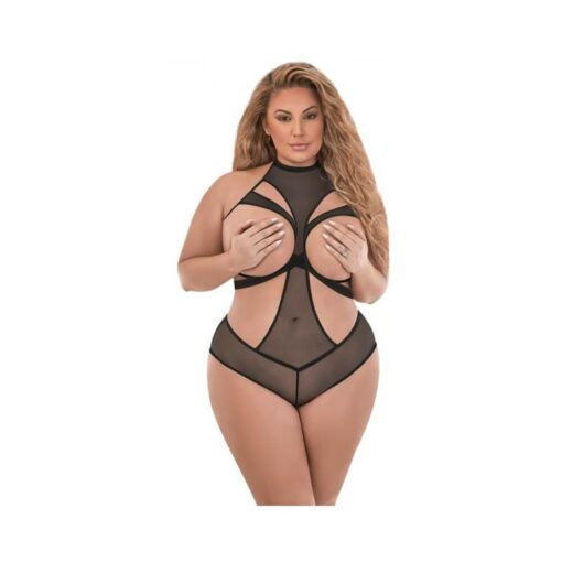 Magic Silk Forever Mesh Cupless & Crotchless Halter Teddy With Split -ack Black Queen