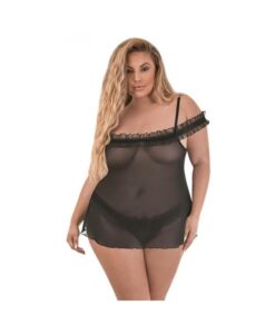 Magic Silk Ruffled Flyaway Babydoll & Split-crotch Thong Black Queen