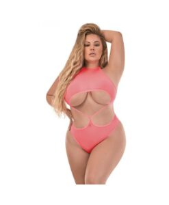 Magic Silk Forever Mesh Crotchless Underboob Teddy With Split Back Coral Queen