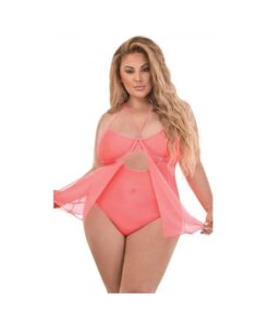 Magic Silk Forever Mesh Crotchless Babydoll Teddy Coral Queen