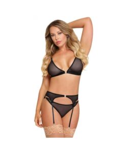 Magic Silk Sassy Bra, Garter & Rouched Panty Black S/m
