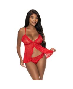 Magic Silk Ooh La Lace Babydoll & Split-crotch Panty Set Red L/xl