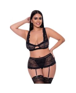 Magic Silk Ooh La Lace Bralette, Garter Skirt & G-string Set Black Queen