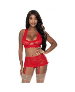 Magic Silk Ooh La Lace Bralette, Garter Skirt & G-string Set Red L/xl