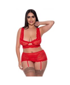 Magic Silk Ooh La Lace Bralette, Garter Skirt & G-string Set Red Queen
