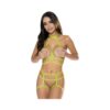 Magic Silk Strap Tease Cupless Choker Bra & Open Cage Short Yellow L/xl