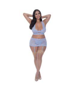 Magic Silk Ooh La Lace Bralette, Garter Skirt & G-string Set Periwinkle Queen Size