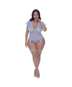 Magic Silk Ooh La Lace Cap Sleeve Basque & Tanga Set Periwinkle Queen Size