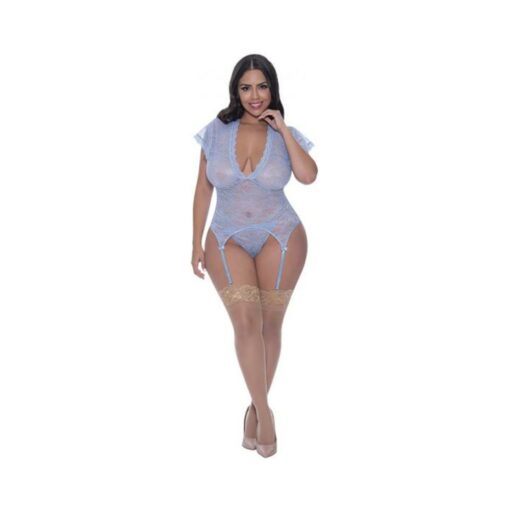 Magic Silk Ooh La Lace Cap Sleeve Basque & Tanga Set Periwinkle Queen Size