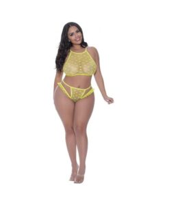 Magic Silk Love Star Halter Crop Bra & Cheeky Panty Set Neon Chartreuse Queen Size