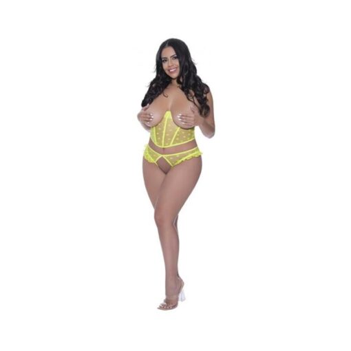 Magic Silk Love Star Cupless Bustier & Open Crotch Panty Set Neon Chartreuse Queen Size