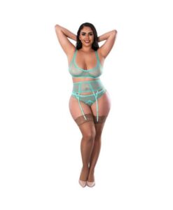 Magic Silk Soft Petals Bralette, Waist Cincher And Panty Set Aqua Queen Size