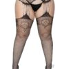 Industrial Net Stockings With Duchess Lace Top and Attached Multi Strand Garter Belt - 1x/2x - Black