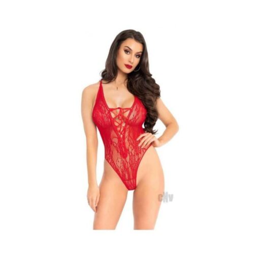 Floral Lace Thong Teddy Os Red