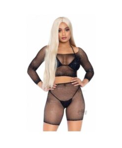 Rhinestone Fishnet Top/shorts Os 2pc Blk