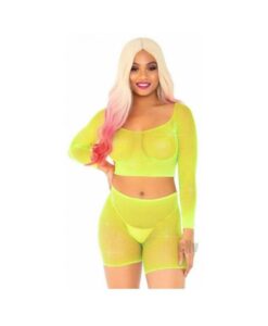 Rhinestone Fishnet Top/shorts Os 2pc Ylw