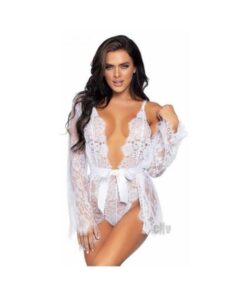 Floral Lace Teddy Thong Robe Tie Md Wht