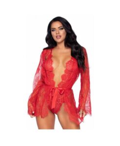 Floral Lace Teddy Thong Robe Tie Lg Red