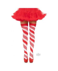 Spandex Candy Cane Thigh High Os Red/wht