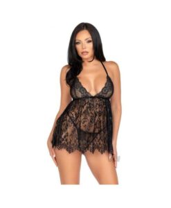 Floral Babydoll Eyelash Gstring Sm Blk