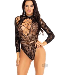 High Neck Lace Net Keyhole Suit Os Blk