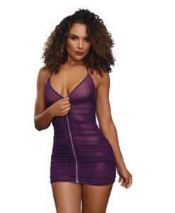 Ruched Sheer Front Zipper Chemise w/G-String Plum O/S